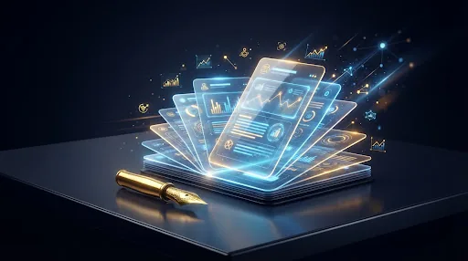 Stylized illustration of floating guide panels and a golden pen representing the Goexch9 blog knowledge hub